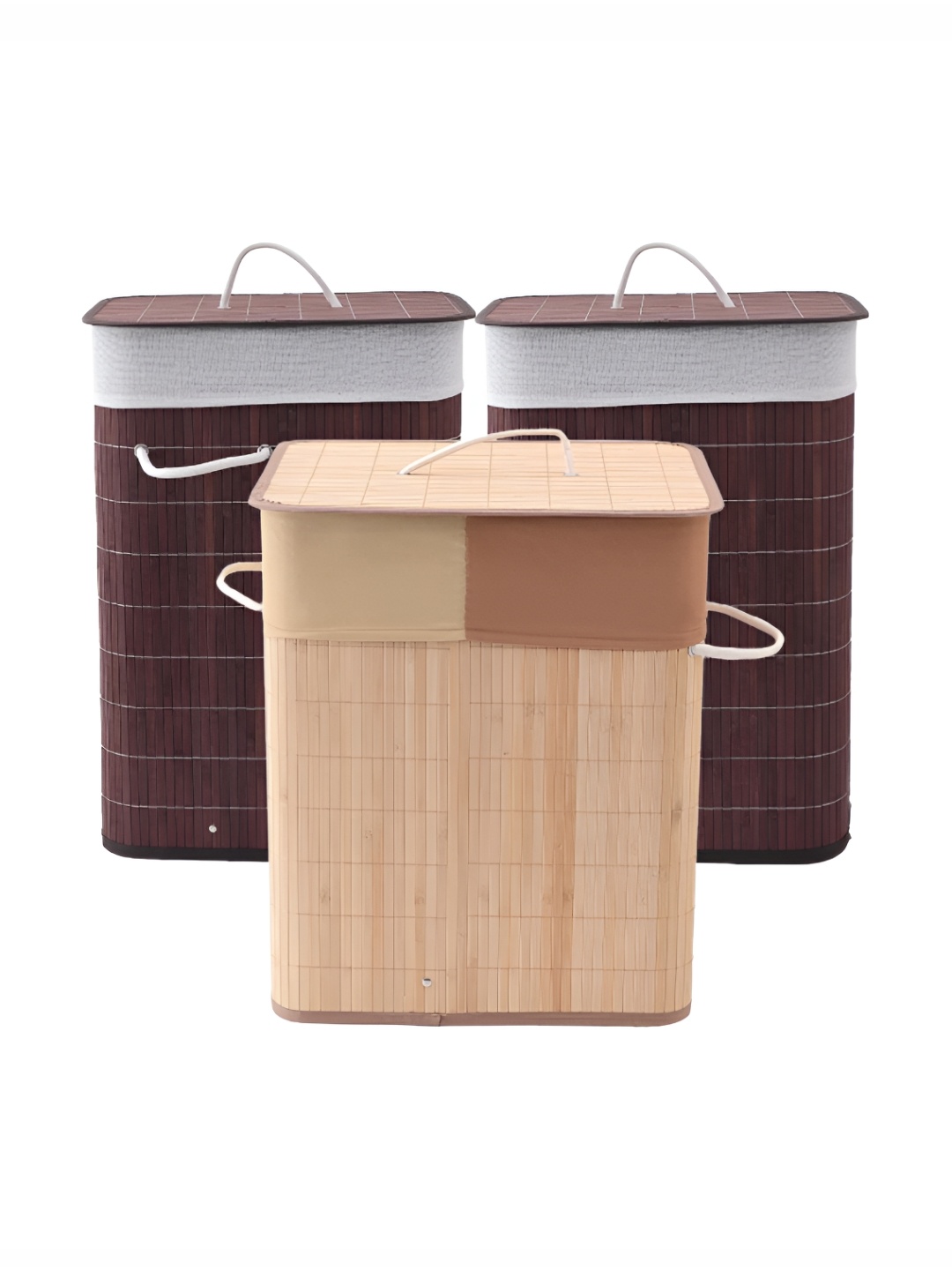 

Savya Home Beige & Brown 3 Pieces Textured Bamboo Foldable Laundry Baskets With Lid