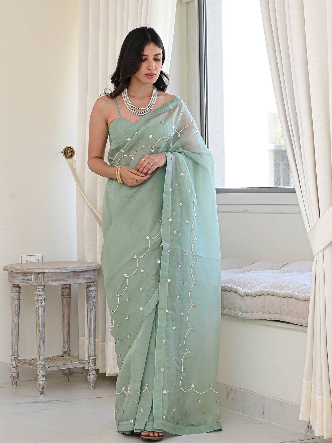 

Bunaai Embellished Beads and Stones Organza Saree, Sea green