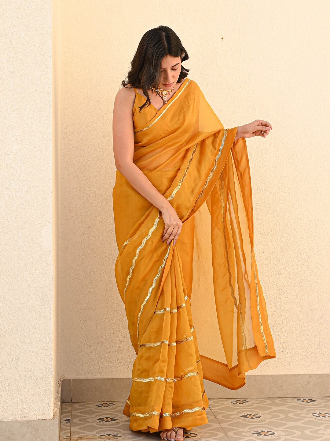 

Bunaai Sequinned Organza Saree, Mustard