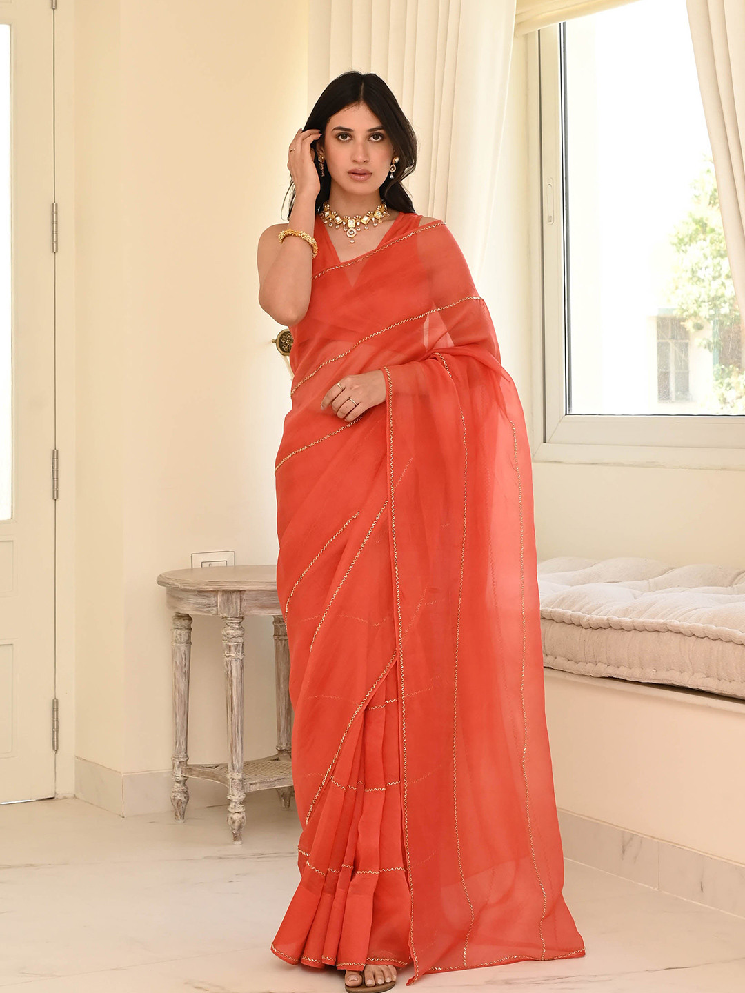 

Bunaai Beads and Stones Organza Saree, Orange