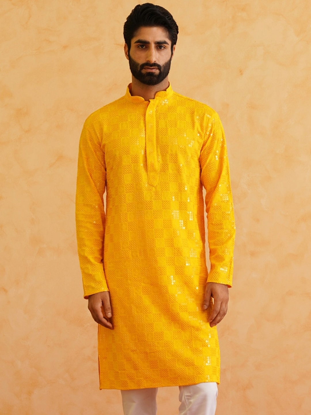 

SOJANYA Geometric Embroidered Sequinned Mandarin Collar Cotton Straight Kurta, Mustard