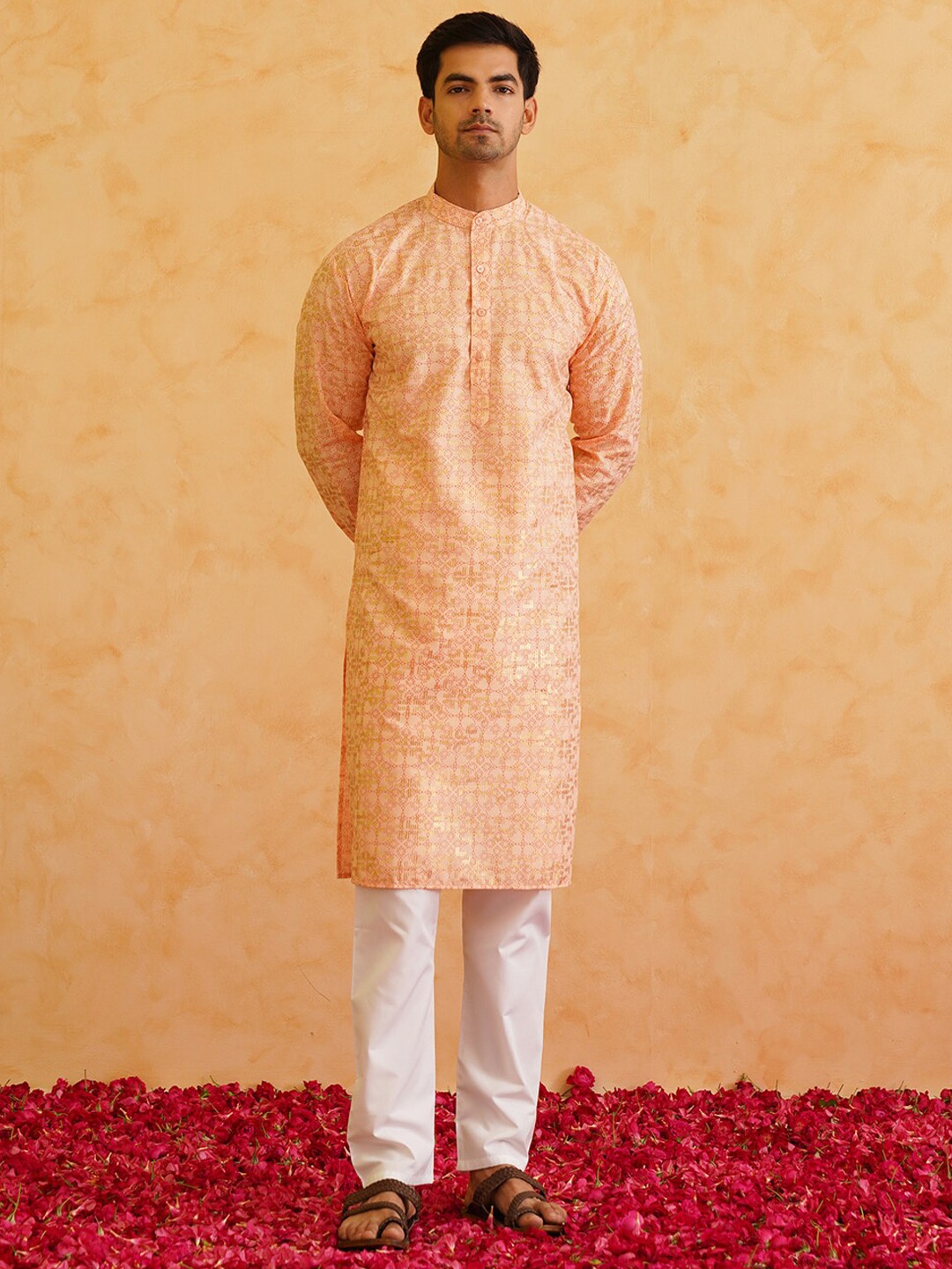 

SOJANYA Ethnic Motifs Printed Mandarin Collar Long Sleeves Pure Cotton Straight Kurta, Peach