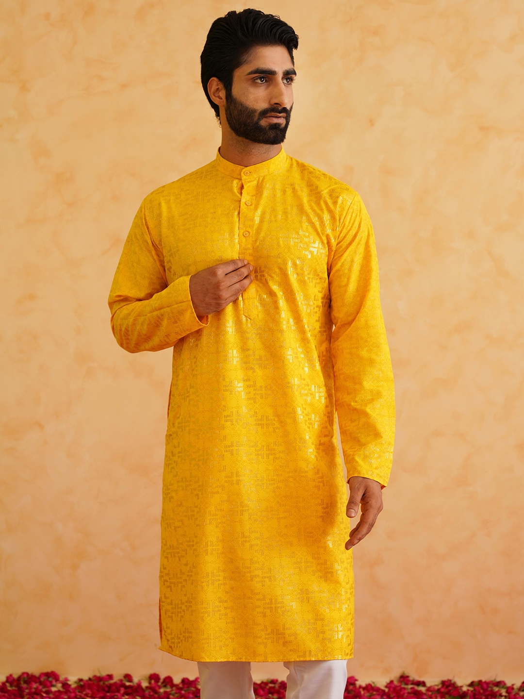 

SOJANYA Floral Printed Mandarin Collar Long Sleeves Pure Cotton Straight Kurta, Mustard