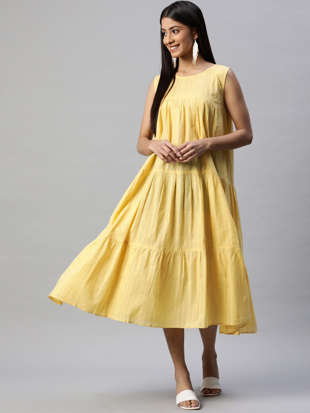 

KALINI Self Design Sleeveless Cotton Tiered A-Line Midi Dress, Yellow