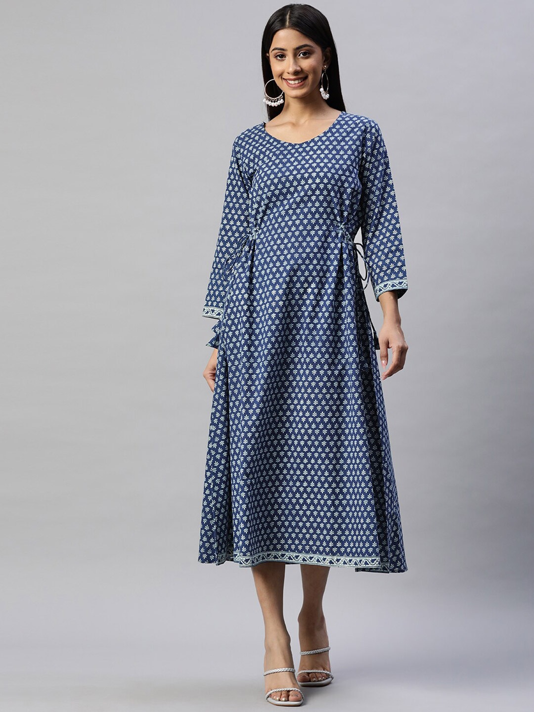 

KALINI Ethnic Motifs Printed Cotton A-Line Midi Dress, Blue