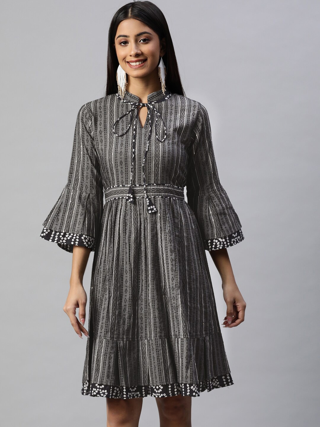 

KALINI Striped Tie-Up Neck Bell Sleeve Cotton Fit & Flare Dress, Grey