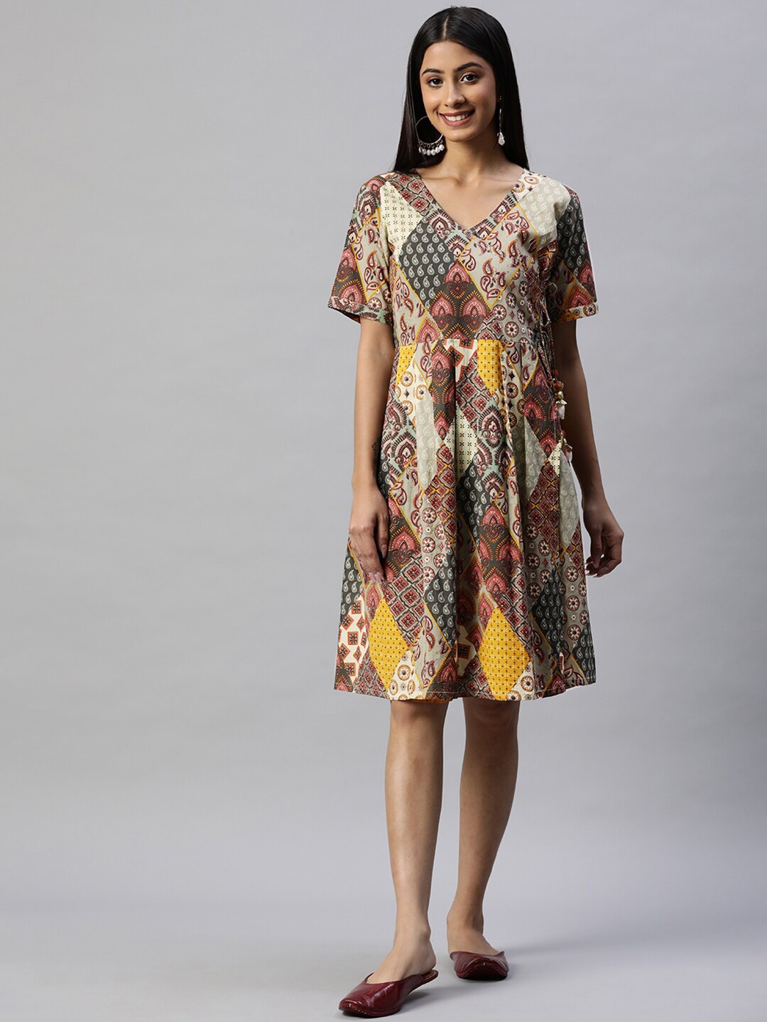 

KALINI Ethnic Motifs Printed Cotton Empire Dress, Yellow