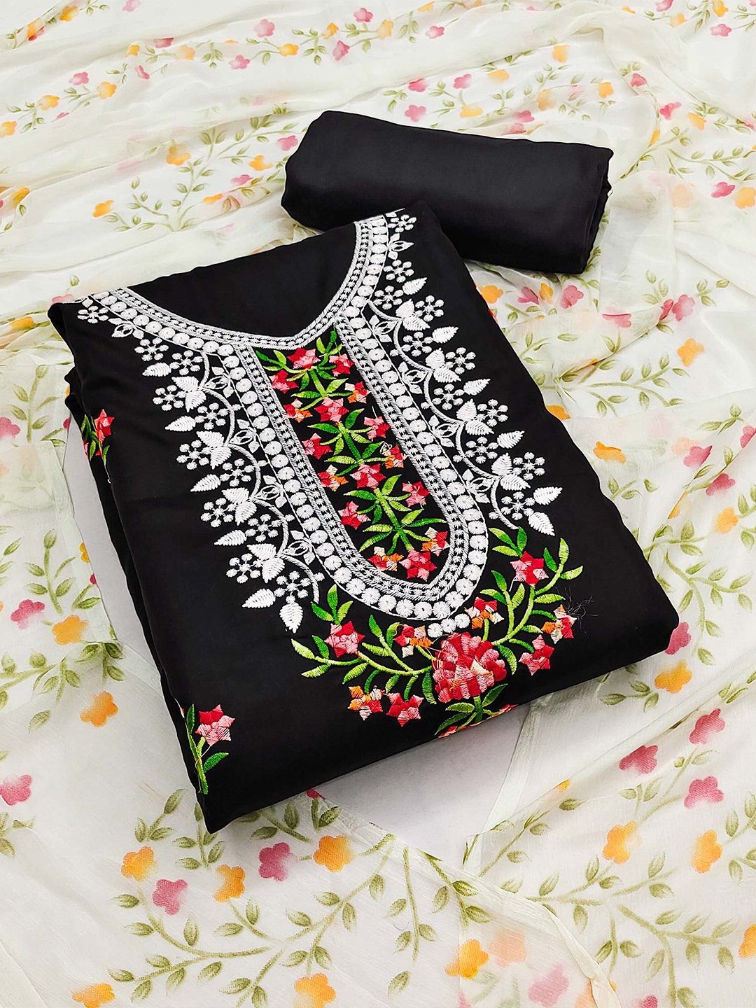 

Peachmode Embroidered Pure Cotton Unstitched Dress Material, Black