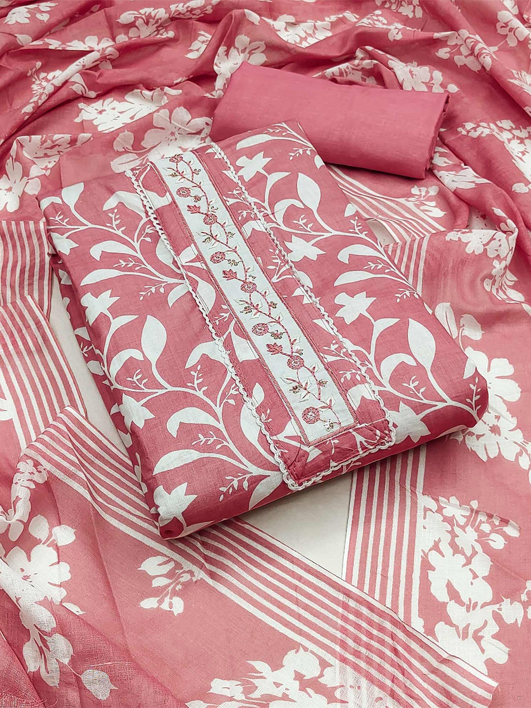 

Peachmode Printed Pure Cotton Unstitched Dress Material, Pink