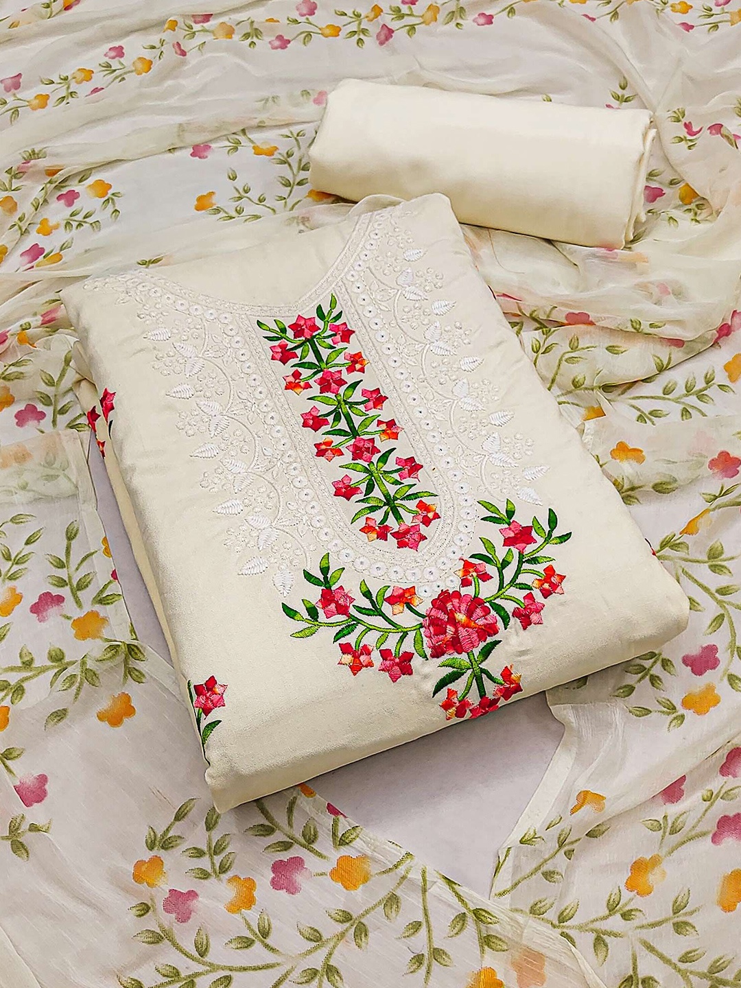

Peachmode Embroidered Pure Cotton Unstitched Dress Material, Cream