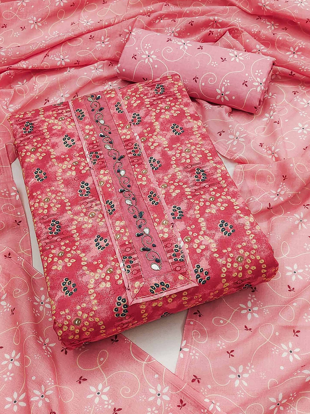 

Peachmode Bandhani Printed Pure Cotton Unstitched Dress Material, Pink