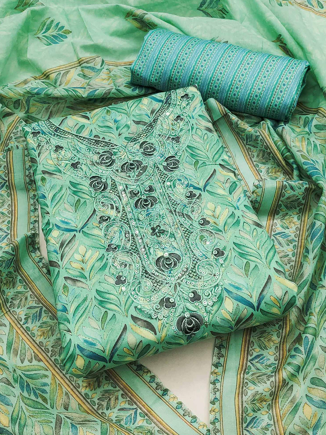 

Peachmode Floral Printed Sequinned Pure Cotton Unstitched Dress Material, Green