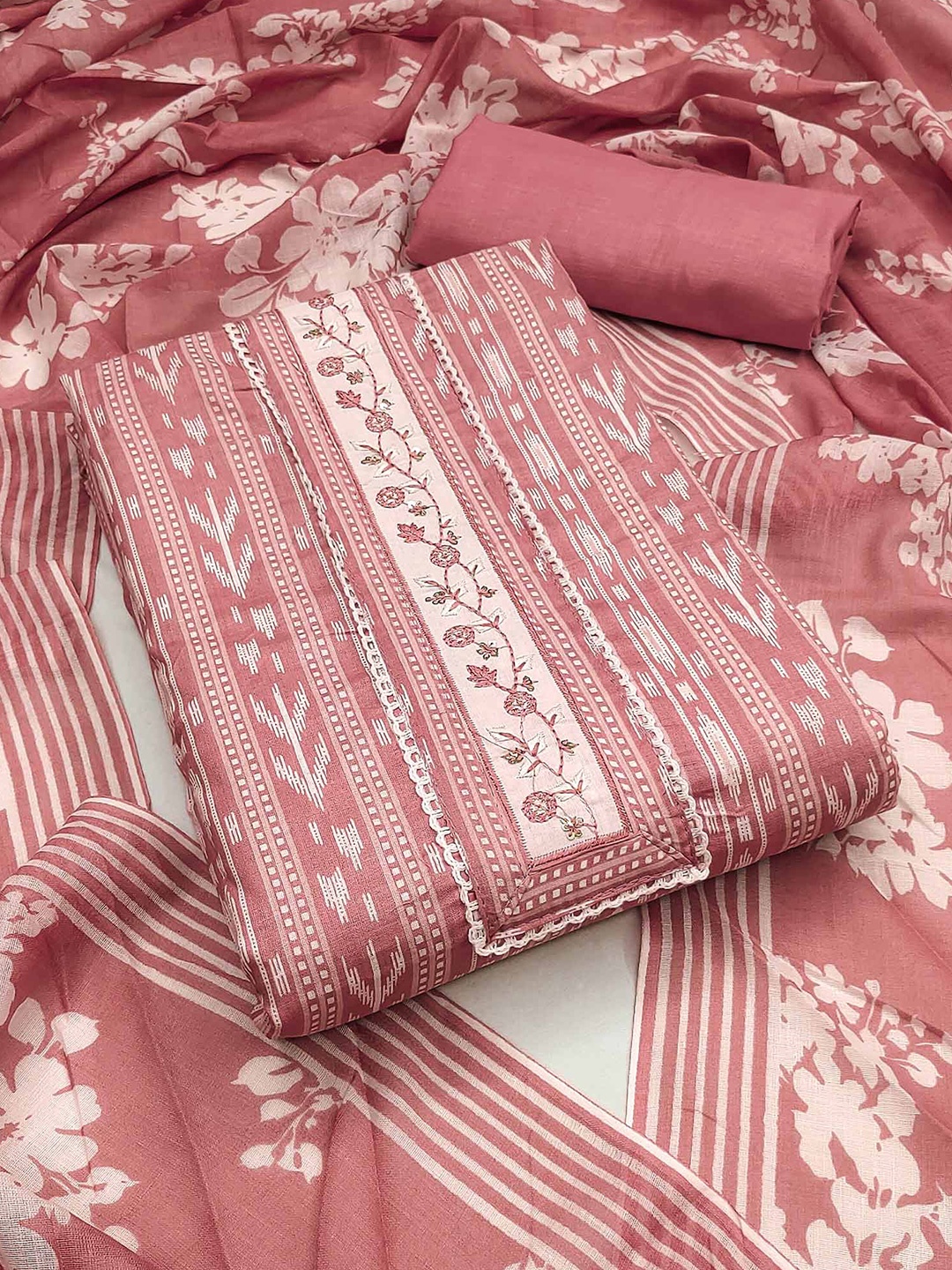 

Peachmode Printed Pure Cotton Unstitched Dress Material, Pink