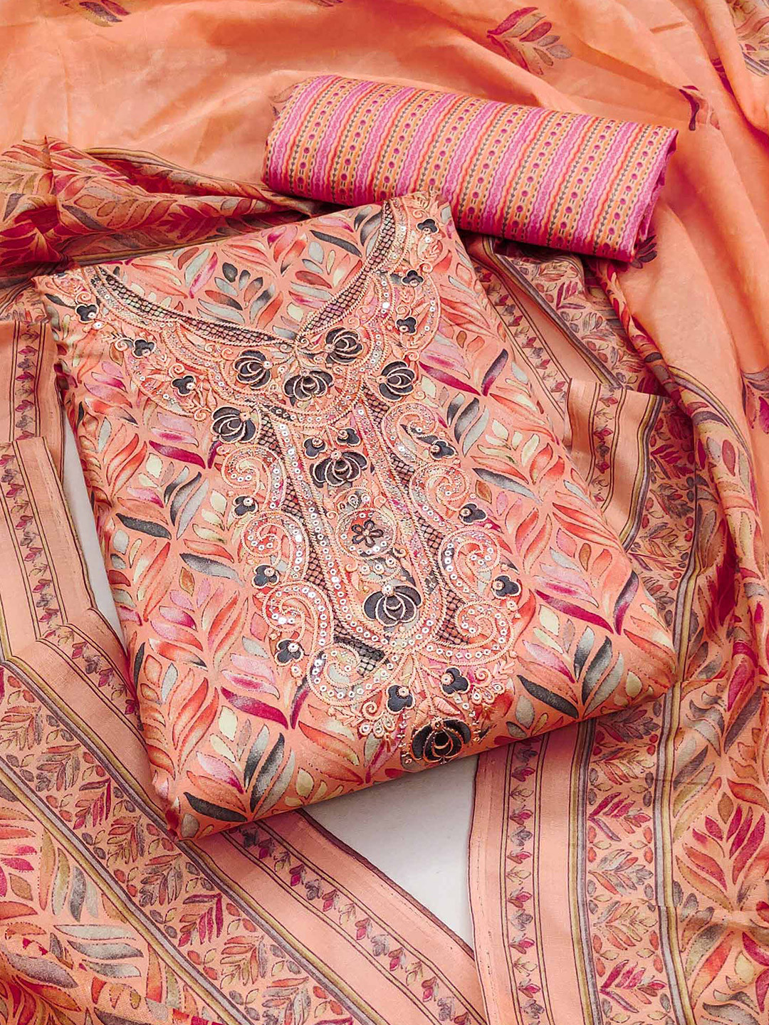 

Peachmode Floral Printed Pure Cotton Unstitched Dress Material, Peach