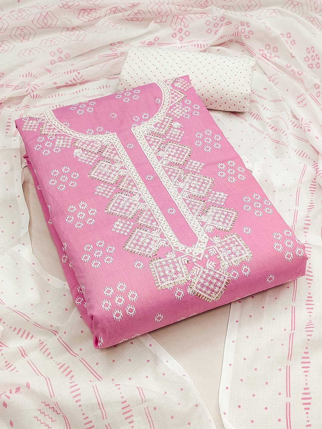 

Peachmode Printed Pure Cotton Unstitched Dress Material, Pink