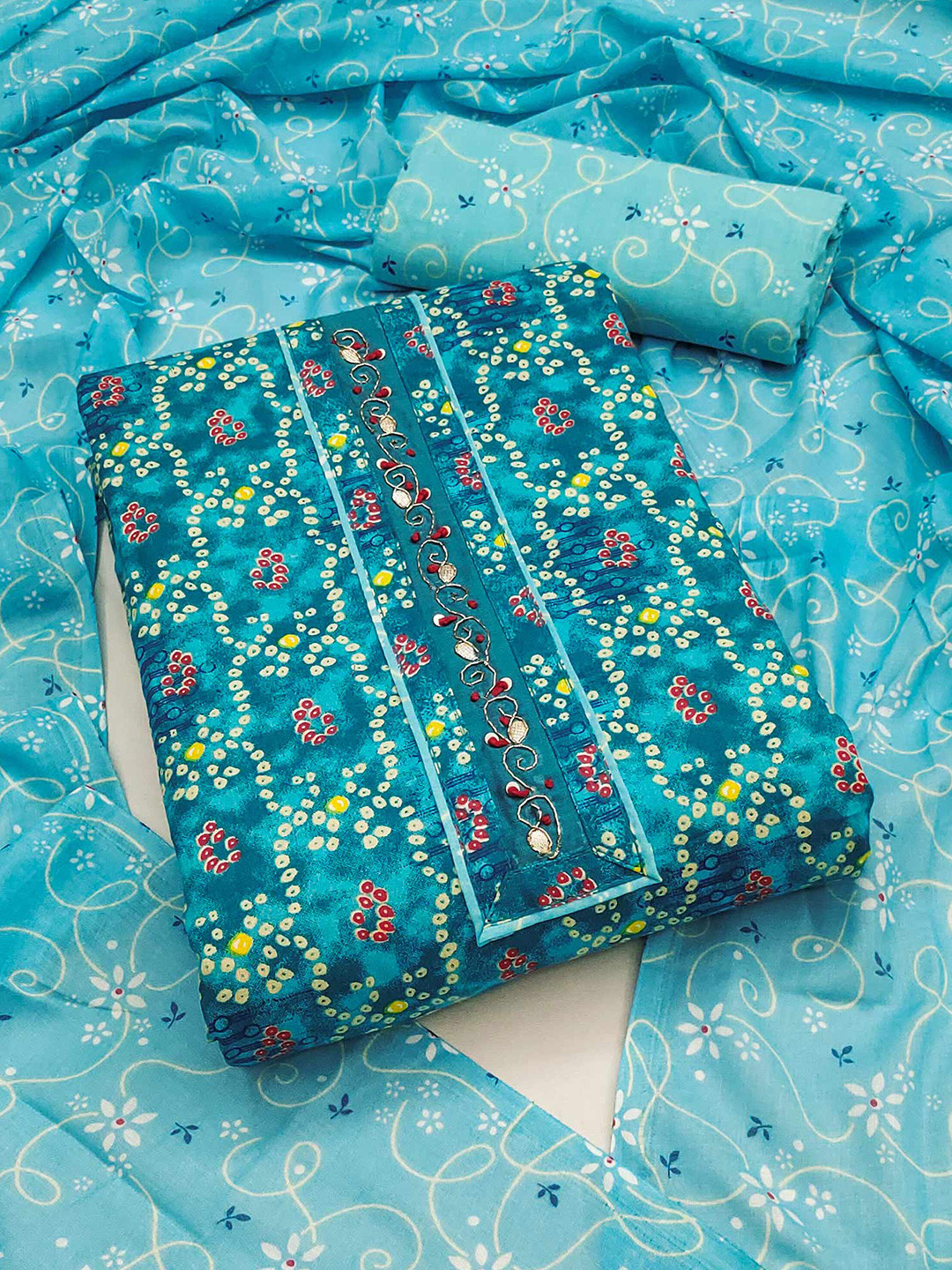 

Peachmode Printed Pure Cotton Unstitched Dress Material, Teal