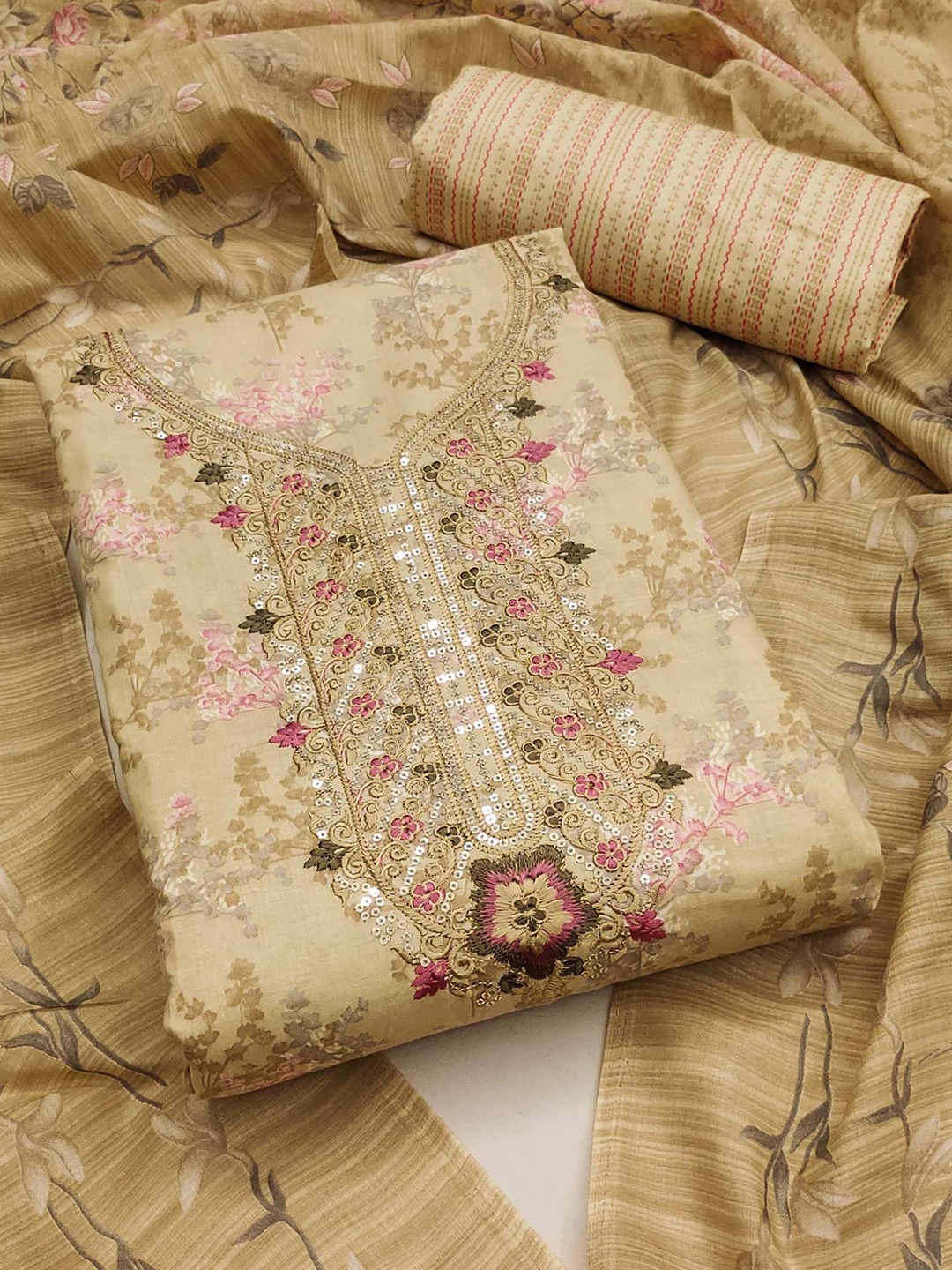 

Peachmode Printed Pure Cotton Unstitched Dress Material, Cream