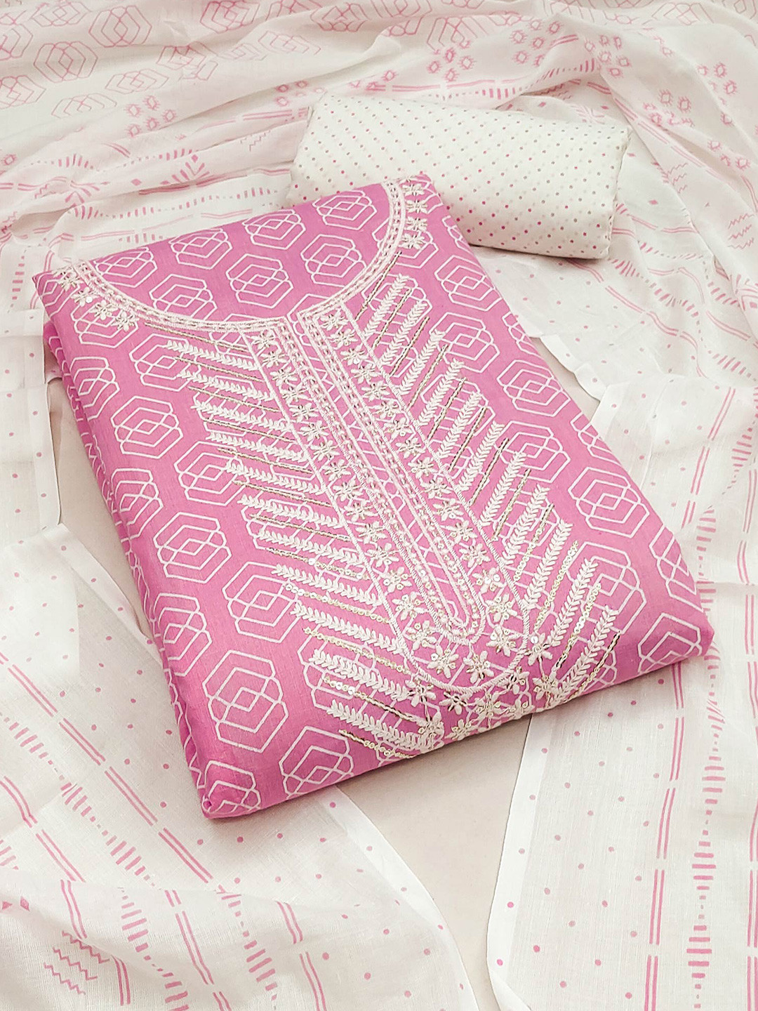 

Peachmode Geometric Printed Sequinned Pure Cotton Unstitched Dress Material, Pink
