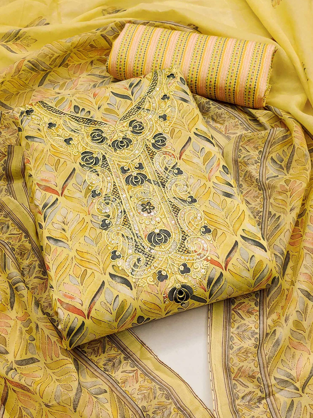 

Peachmode Floral Printed Sequinned Pure Cotton Unstitched Dress Material, Yellow