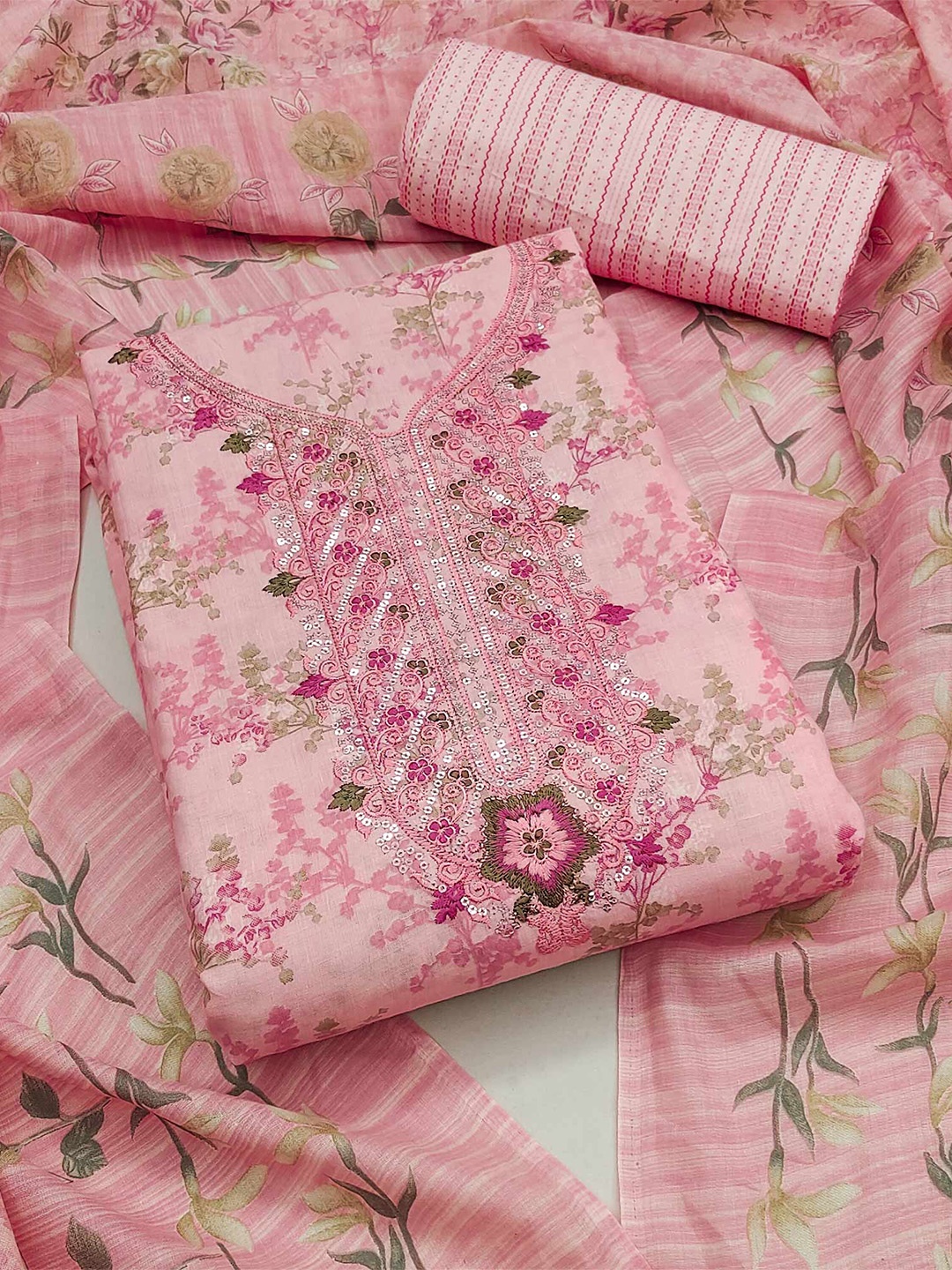 

Peachmode Floral Printed Pure Cotton Unstitched Dress Material, Pink