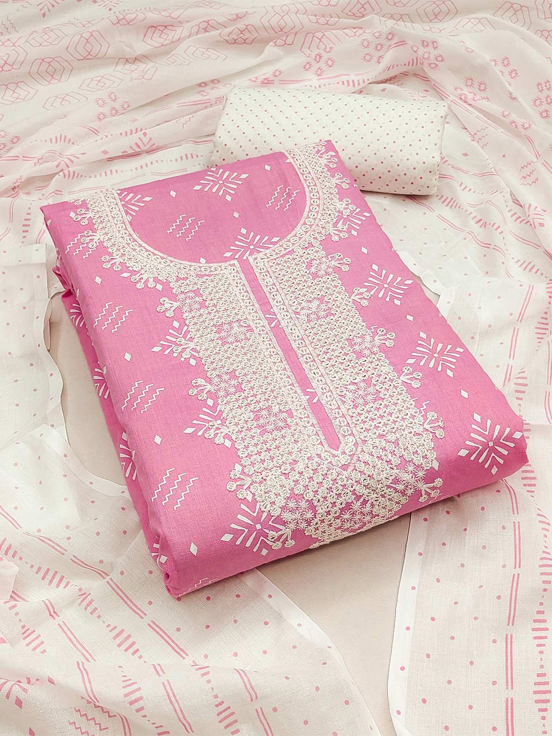 

Peachmode Geometric Printed Pure Cotton Unstitched Dress Material, Pink