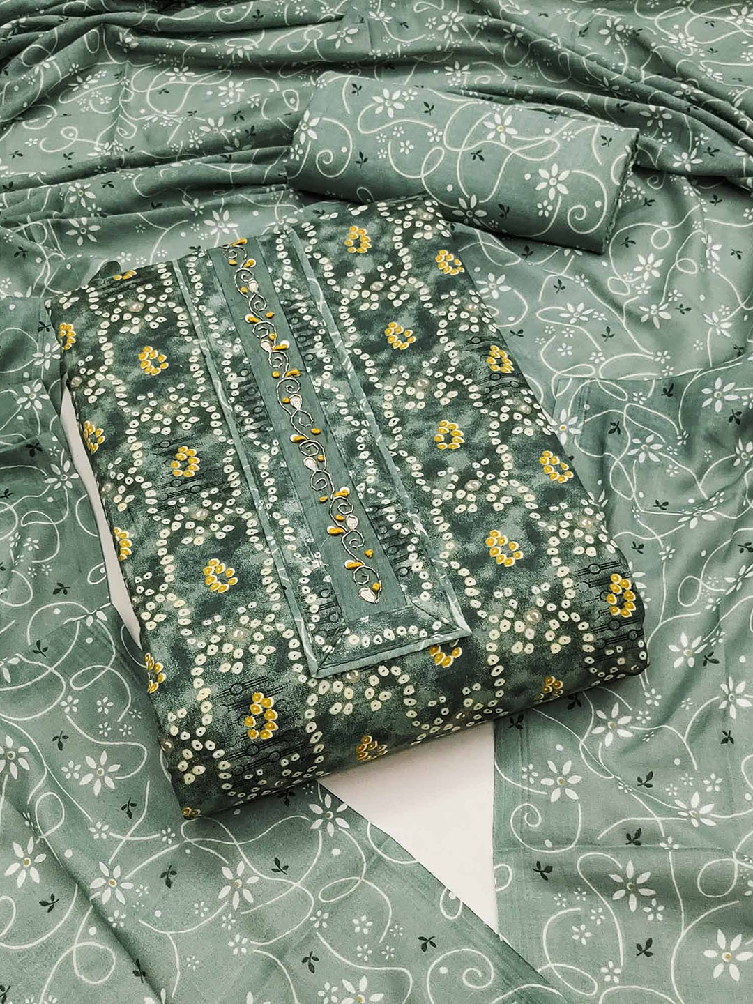 

Peachmode Bandhani Printed Pure Cotton Unstitched Dress Material, Green