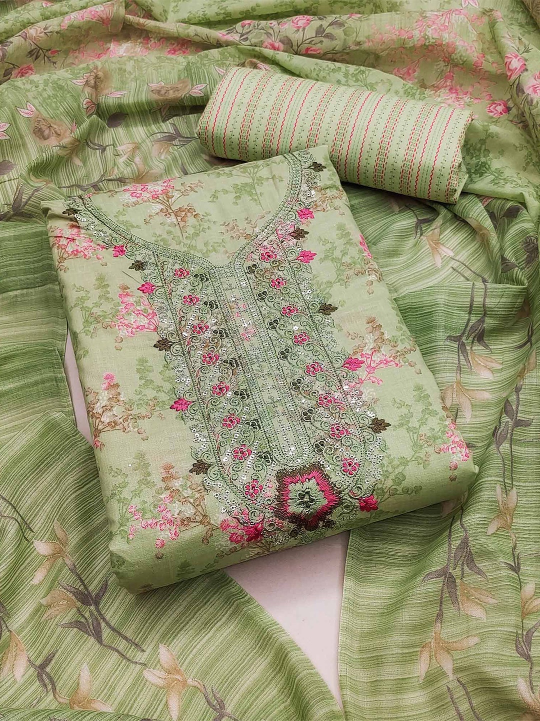 

Peachmode Printed Pure Cotton Unstitched Dress Material, Green