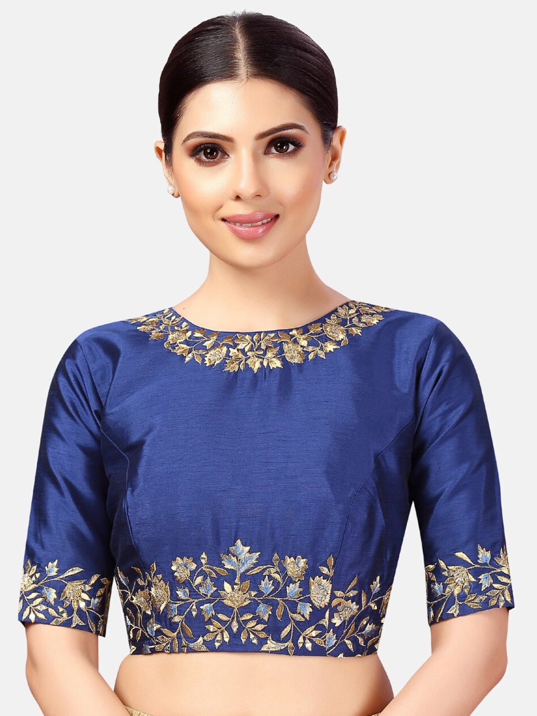 

Studio Shringaar Floral Embroidered Boat Neck Thread Work Saree Blouse, Navy blue