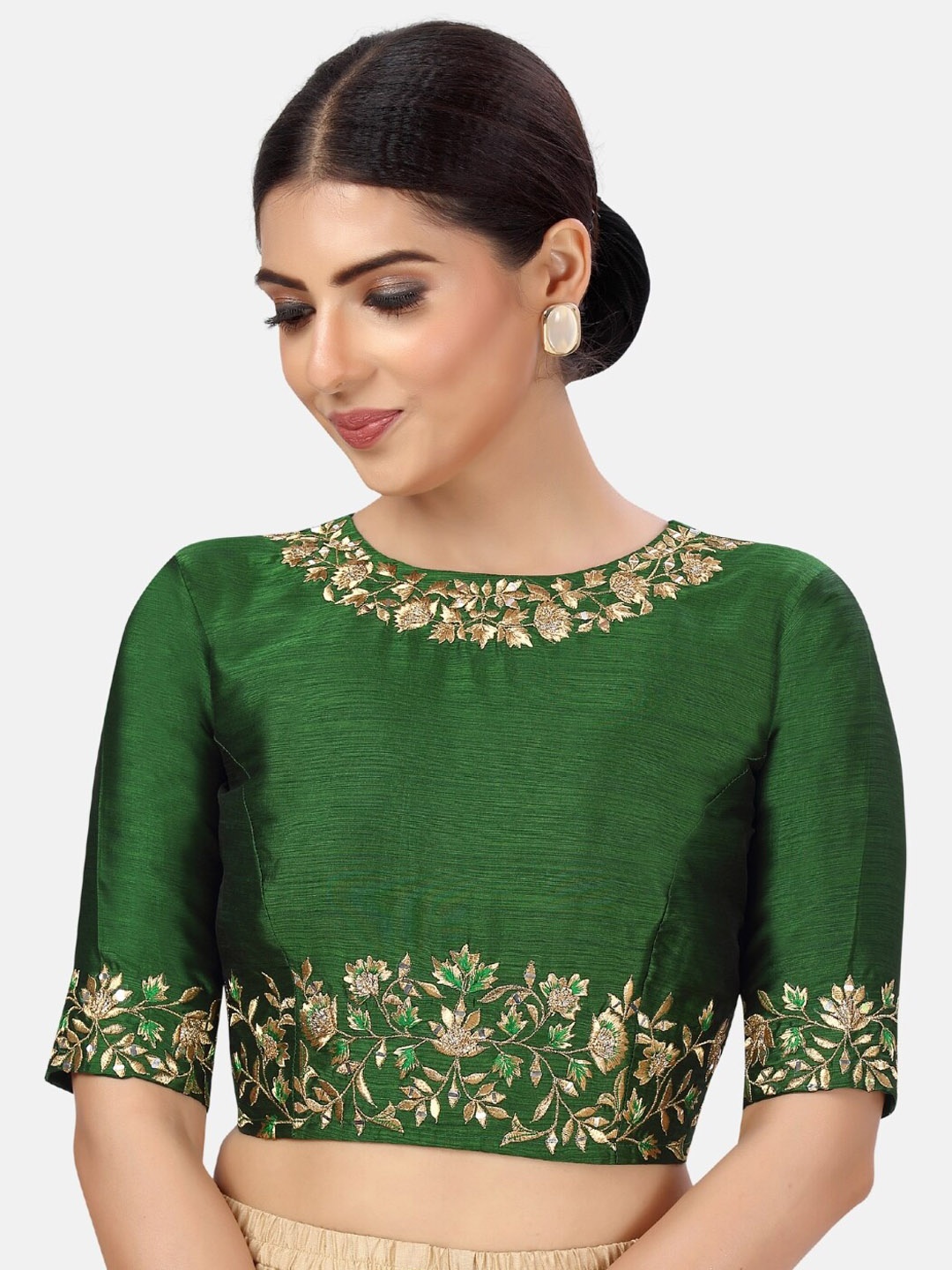 

Studio Shringaar Floral Embroidered Boat Neck Thread Work Saree Blouse, Green