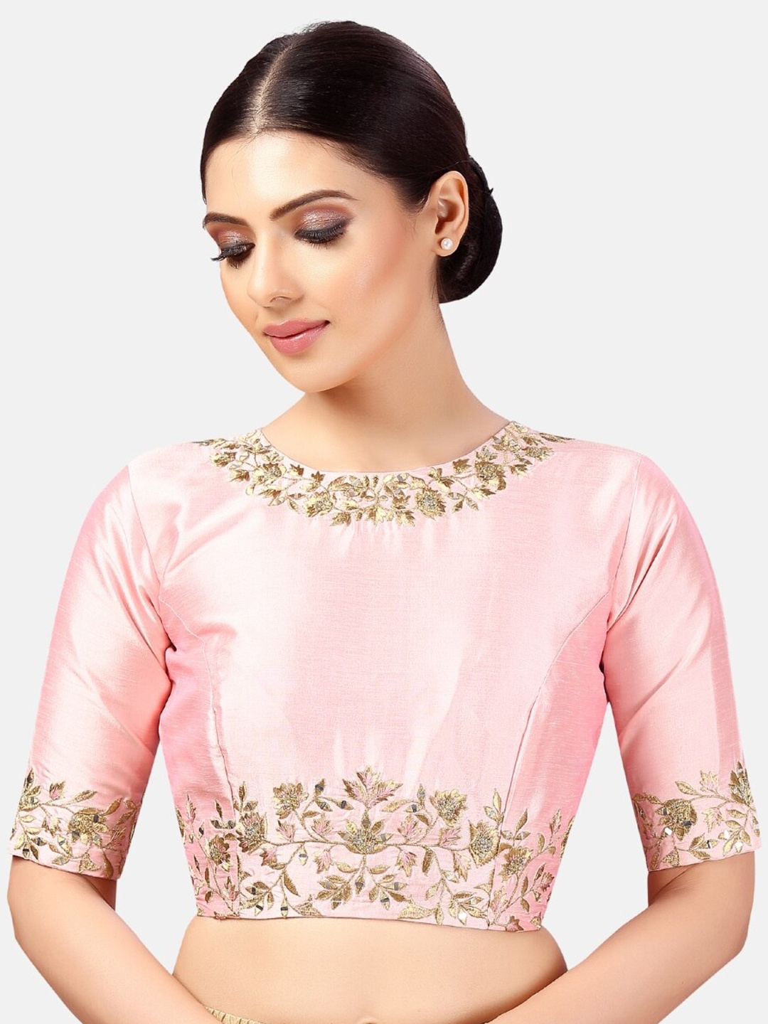 

Studio Shringaar Floral Embroidered Boat Neck Thread Work Saree Blouse, Pink