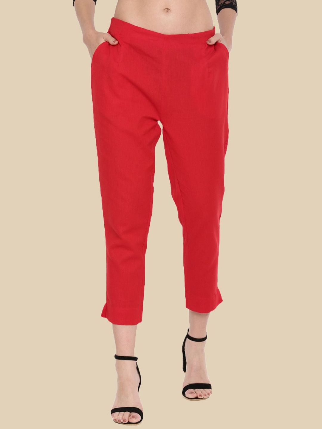 

De Moza Women Slim Fit Cotton Cigarette Trousers, Red