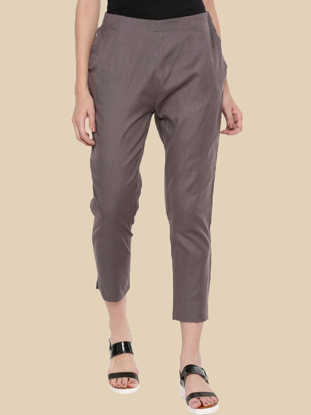 

De Moza Women Slim Fit Cotton Cigarette Trousers, Grey