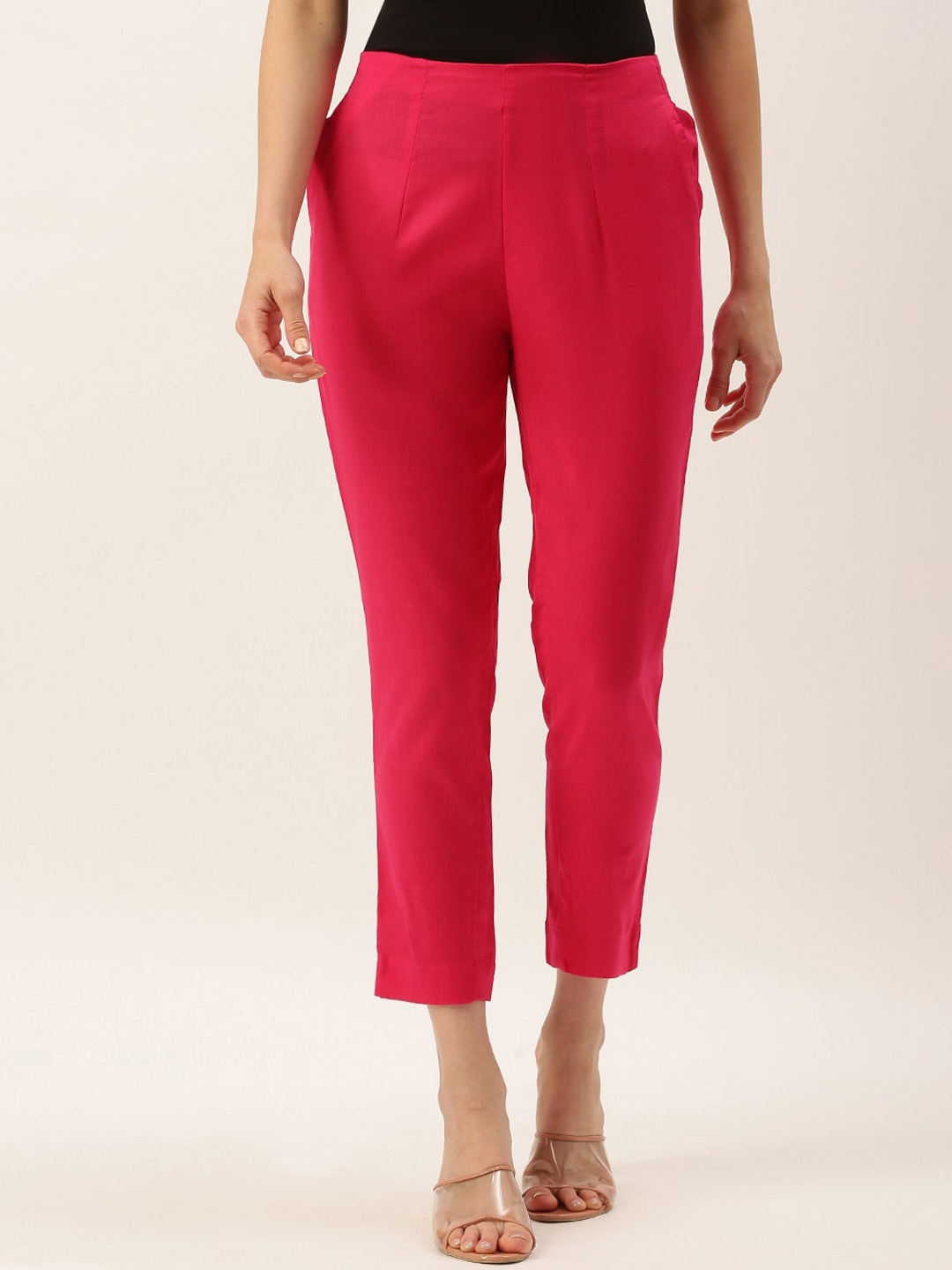 

De Moza Women Slim Fit Cotton Pleated Regular Trousers, Fuchsia
