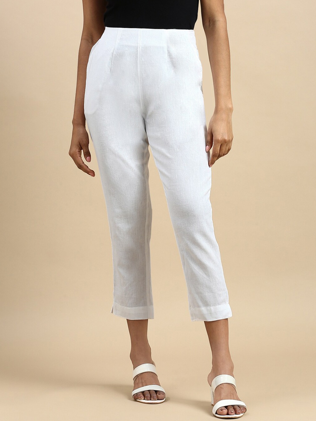 

De Moza Women Textured Slim Fit Cotton Regular Trousers, White