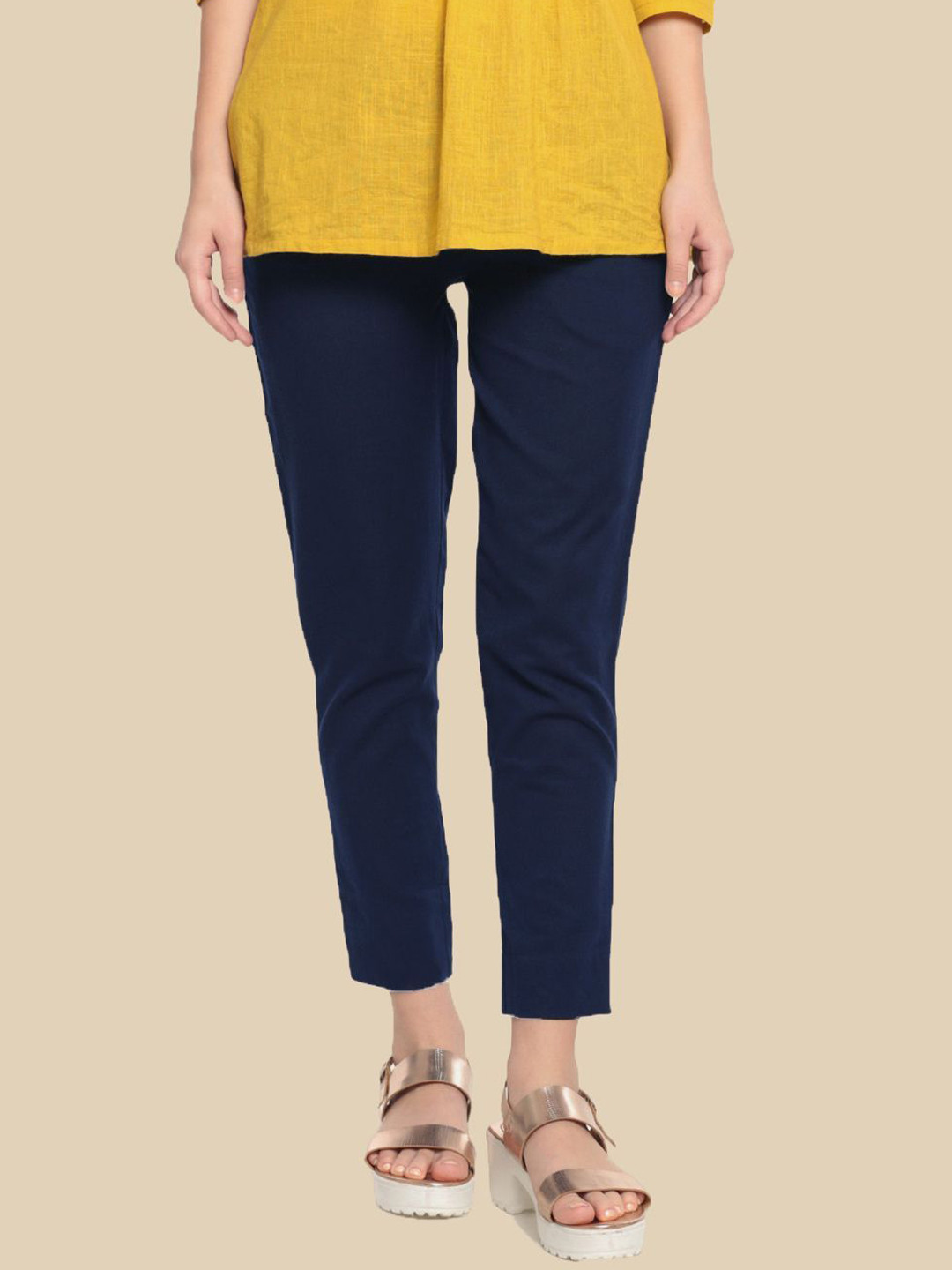 

De Moza Women Slim Fit Pleated Cotton Regular Trousers, Navy blue