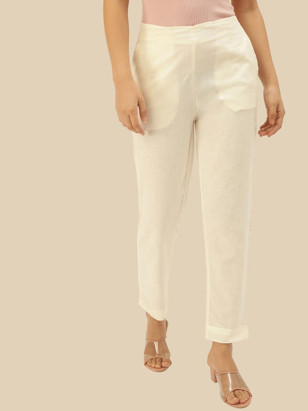 

De Moza Women Slim Fit Cotton Cigarette Trousers, Off white