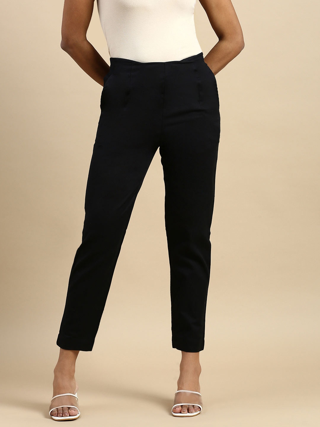 

De Moza Women Slim Fit Cotton Regular Trousers, Black