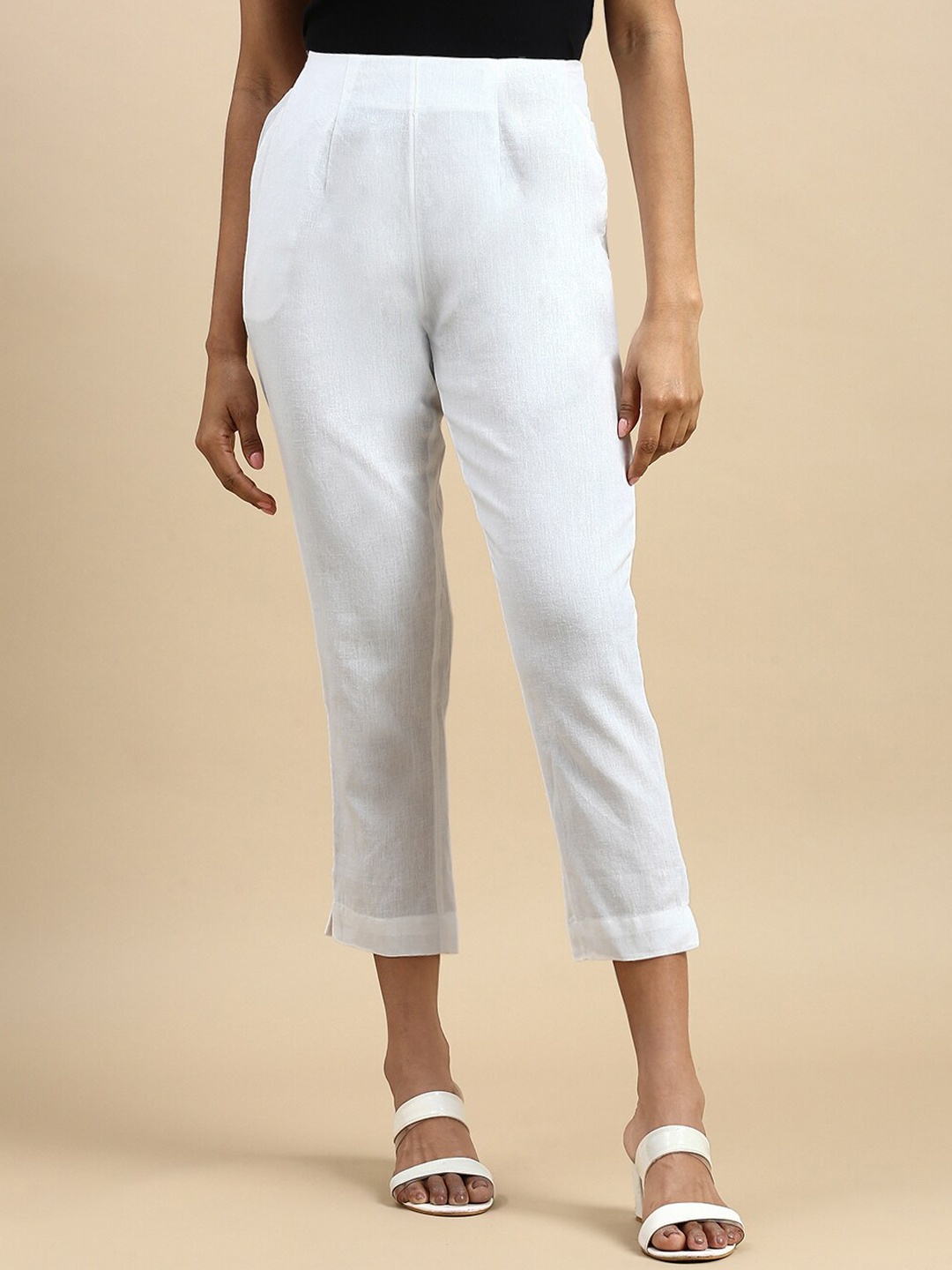

De Moza Women Textured Slim Fit Cotton Regular Trousers, White