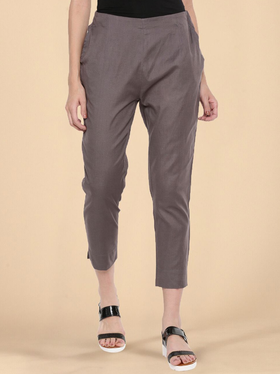 

De Moza Women Slim Fit Cotton Cigarette Trousers, Grey