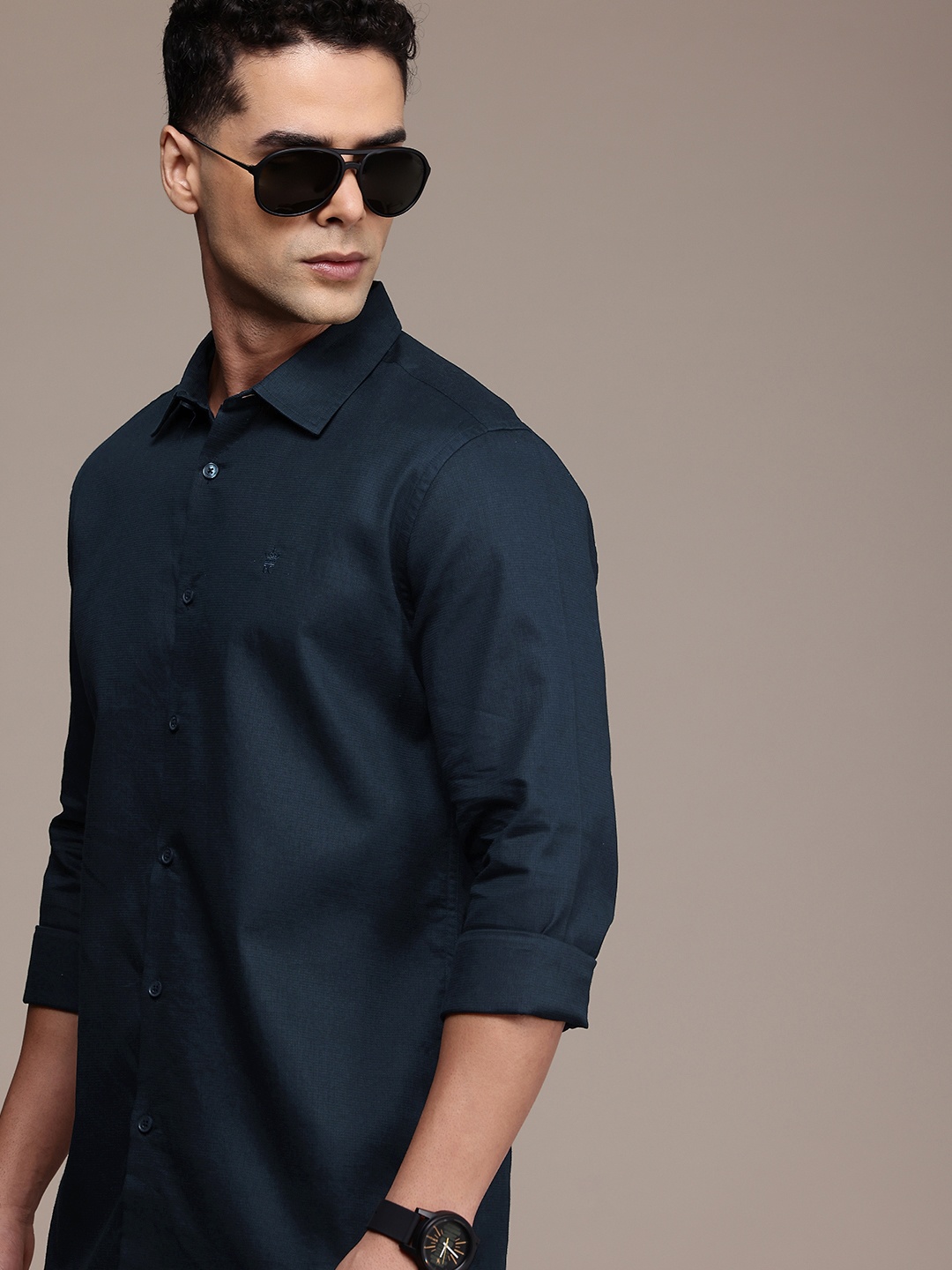 

French Connection Men Premium Slim Fit Pure Cotton Casual Shirt, Navy blue