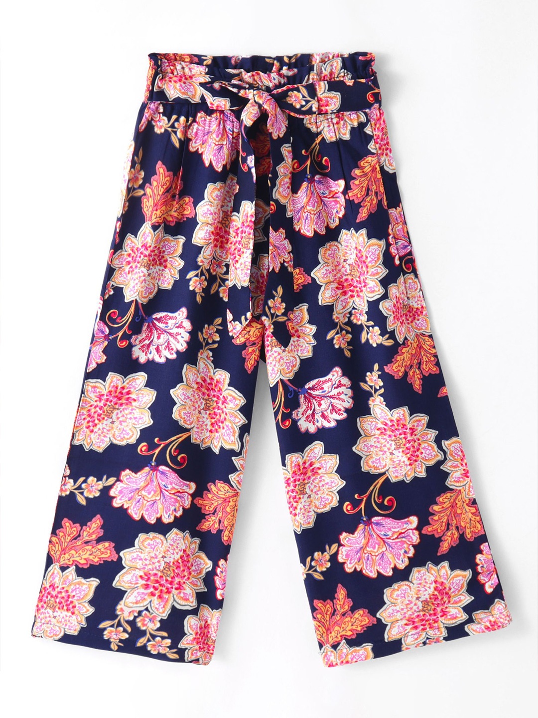 

CrayonFlakes Girls Floral Printed Straight Palazzos, Navy blue