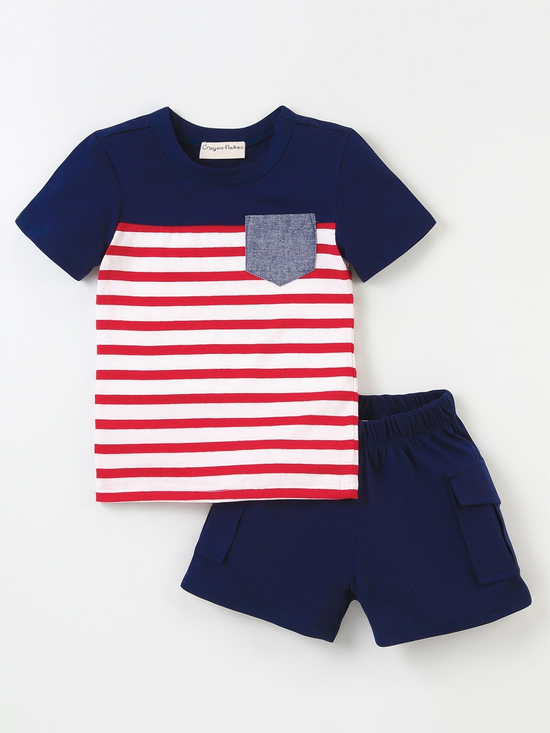

CrayonFlakes Boys Striped Top With Short, Navy blue