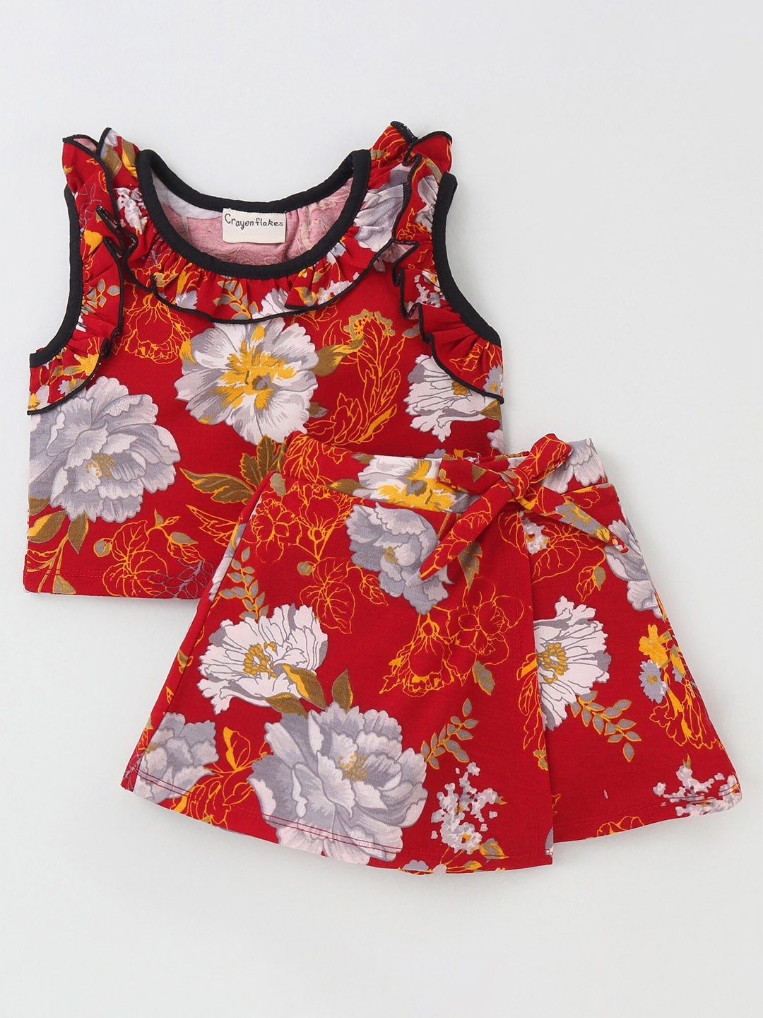 CrayonFlakes Girls Printed Top With Short, Red