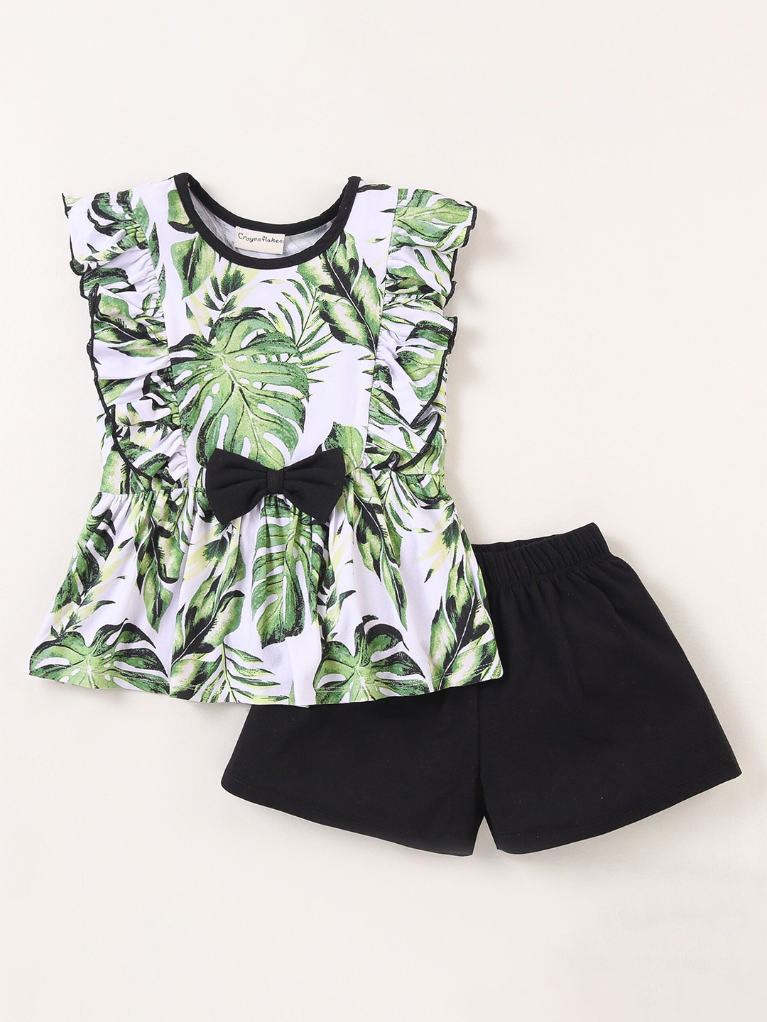 

CrayonFlakes Girls Printed Top with Shorts, Off white