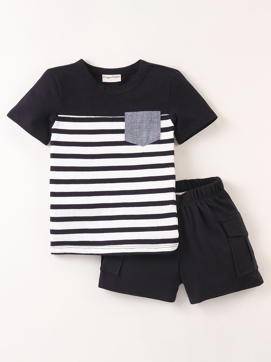 

CrayonFlakes Boys Striped Pure Cotton Top with Shorts, Black