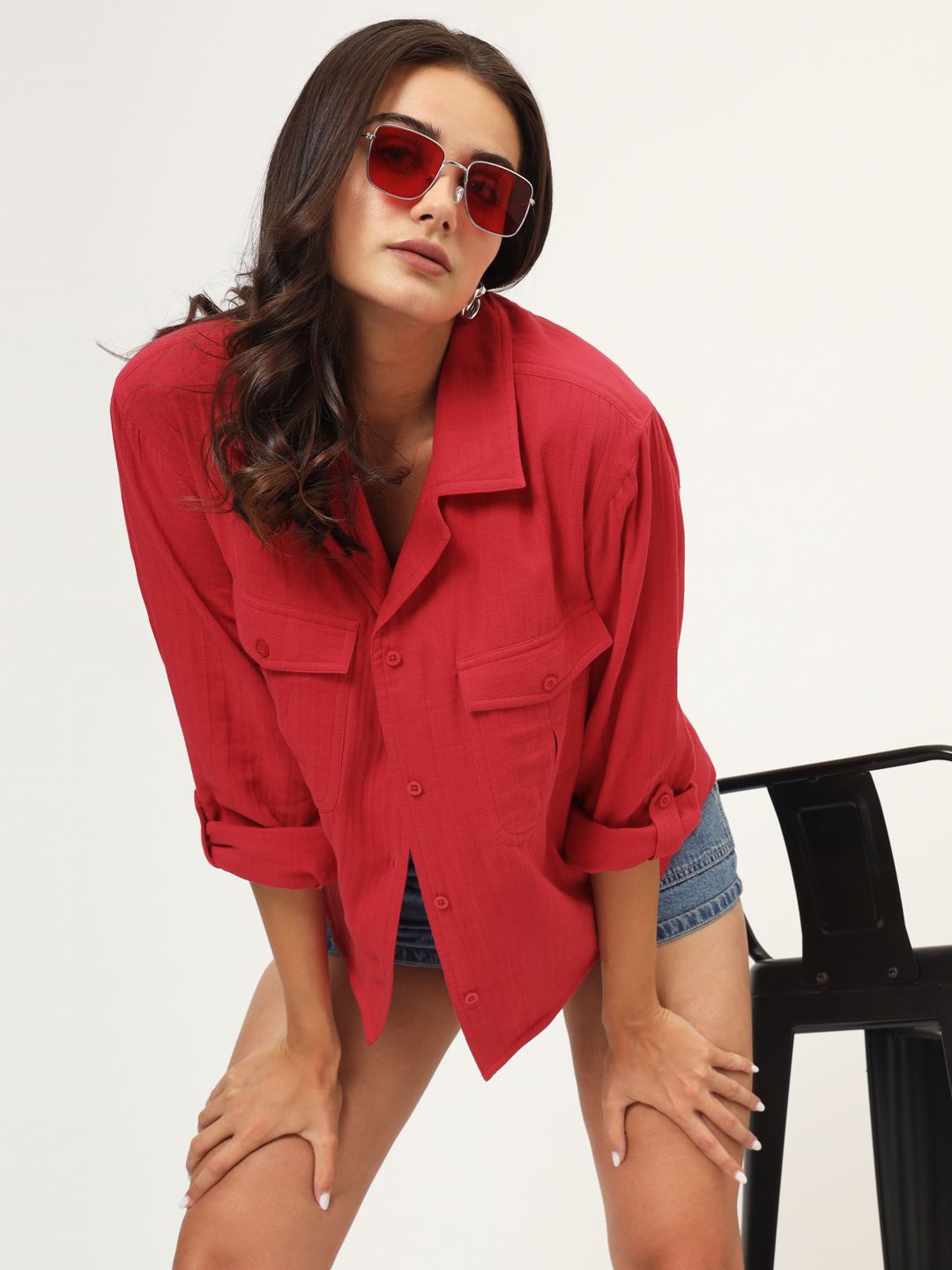 

CHARMGAL Classic Spread Collar Cotton Oversize Casual Shirt, Red