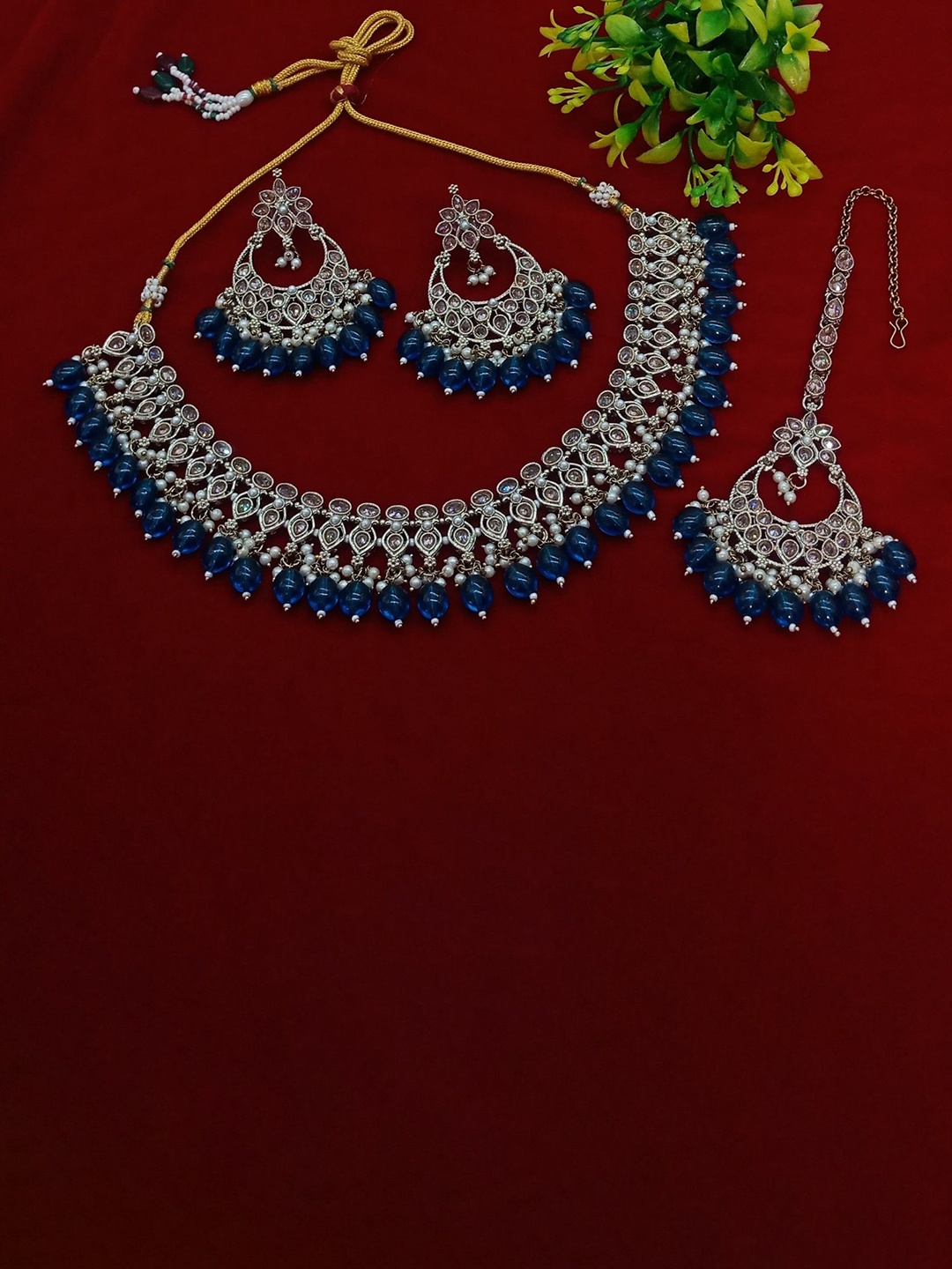 

AASHISH IMITATION Women Gold-Plated American Diamond-Studded Jewellery Set, Navy blue