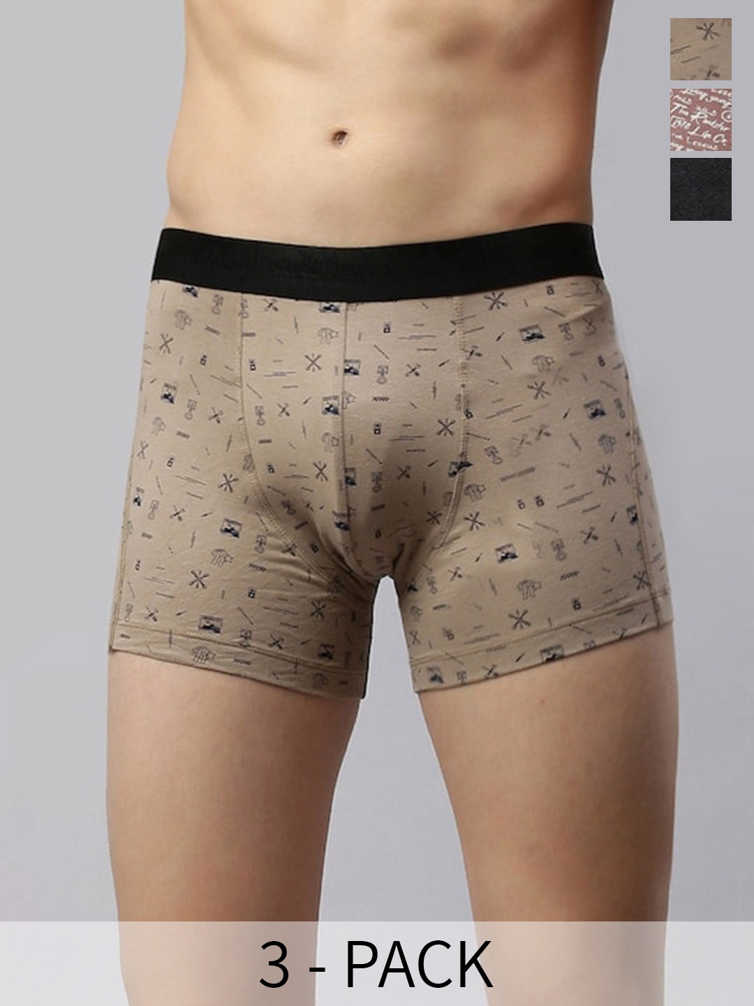 

The Roadster Lifestyle Co Pack Of 3 Self-Designed Cotton Trunks RD-T-49-P3-BlkBrwYpr, Beige