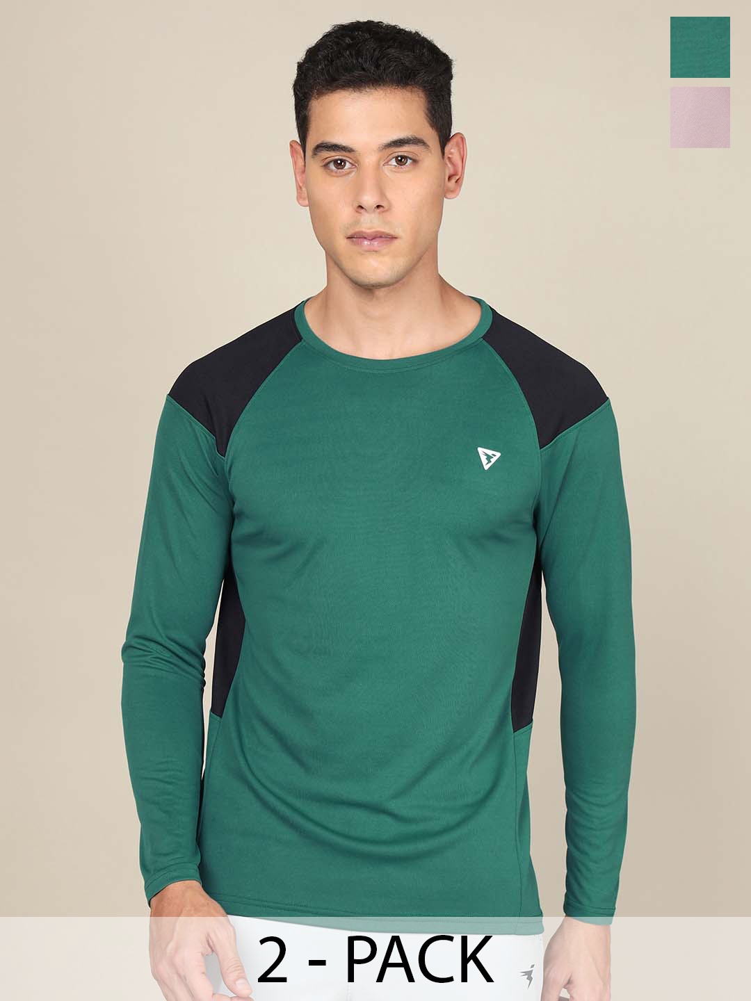 

Technosport Pack Of 2 Slim Fit Colourblocked Round Neck Rapid-Dry T-shirts, Green