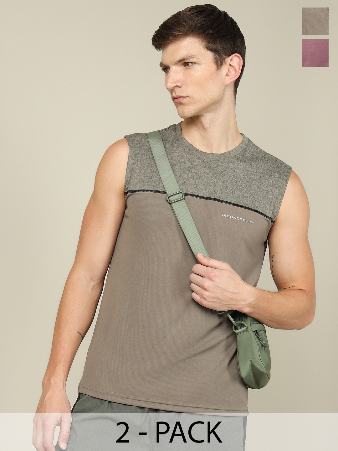 

Technosport Pack Of 2 Round Neck Colourblocked Gym Innerwear Vests, Grey